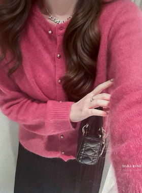 馨菲设计毛拉毛树莓粉色小金豆毛衣开衫毛衣(含100绵羊毛)S8366