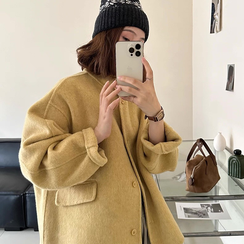 馨菲主推款韩版简约立领单排扣双面羊毛外套（含100羊毛）B8565