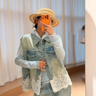 馨菲26年夏上新法式 复古设计感蕾丝拼接显瘦牛仔马甲q620