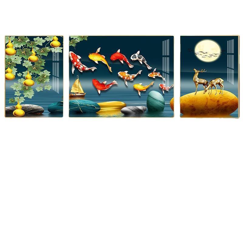 鱼图新中式客厅沙发背景装饰画福禄鱼三联挂画寓意好带框挂画