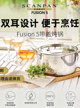 丹麦scanpan双耳汤锅家用不锈钢Fusion5无涂层大容量煲汤炖锅煮锅