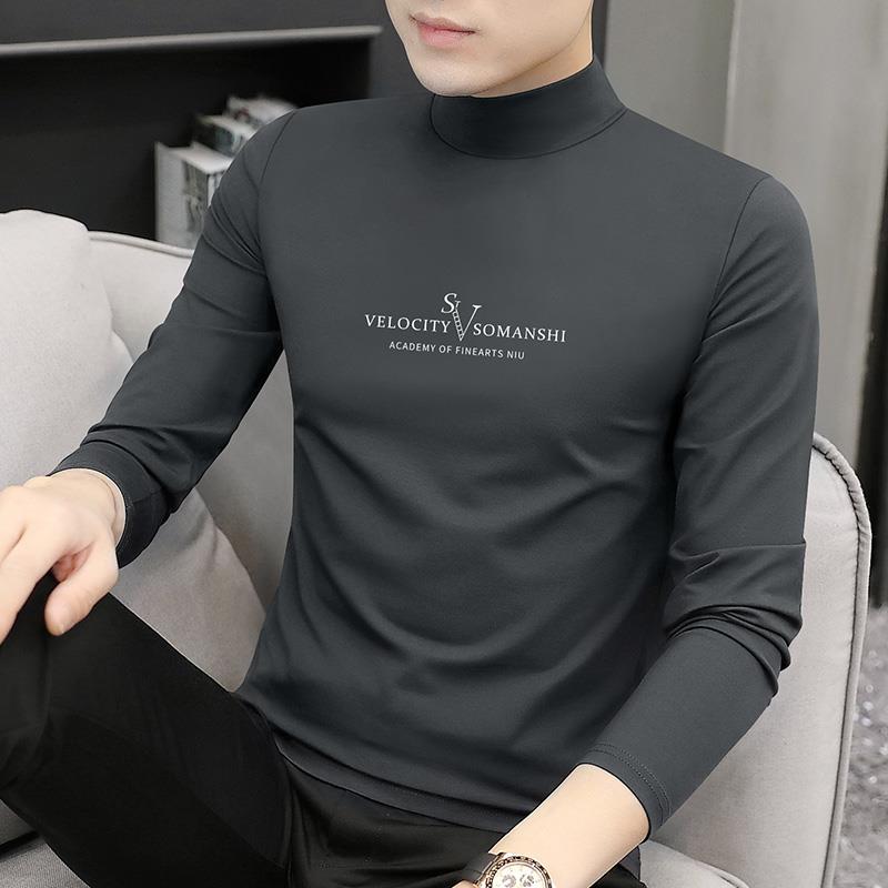 半高领打底衫内搭男士秋季韩版潮流纯棉百搭休闲加绒长袖t恤上衣