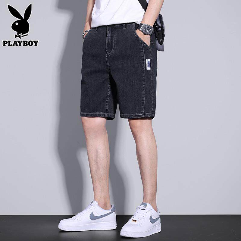 花花公子牛仔短裤男士夏季薄款宽松直筒中裤2024潮牌休闲五分裤男