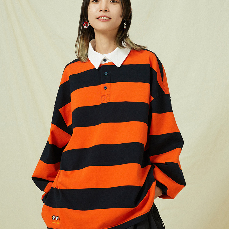 吉考斯工业机组成员春秋男女同款宽松长袖翻领Polo撞色条纹T恤衫