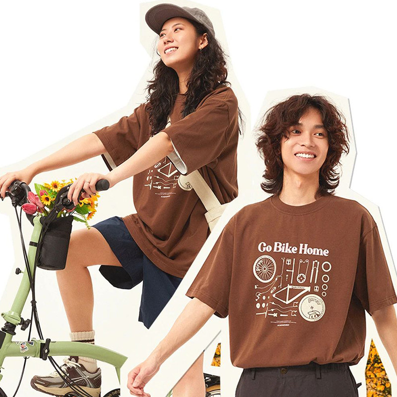 吉考斯工业机组成员夏季男女同款自行车解构印花T恤纯棉咖色T恤