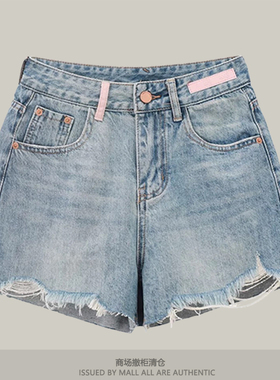专柜高腰短裤2025新款爆款女款夏季美式复古撞色牛仔直筒休闲裤子