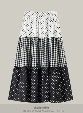 专柜新款格纹拼接波点蛋糕裙女春夏季新款高腰A字裙遮胯百搭伞裙
