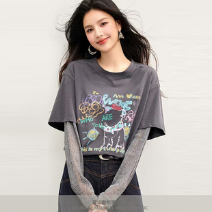上衣防晒袖 专柜 短款 春夏灰色假两件t恤女设计感长袖 多彩图案