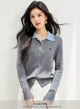 专柜早秋2025新款灰色长袖针织开衫女polo领上衣打底休闲卡通毛衣