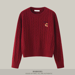 专柜复古红色绞花小熊刺绣圆领毛衣女士新款秋冬季小个子针织上衣