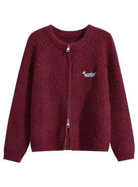 专柜双拉链针织上衣女秋冬款宽松慵懒小个子毛衣开衫外套软糯毛衣