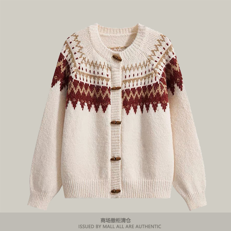 专柜费尔岛古着牛角扣复古开衫毛衣女士秋冬设计感宽松针织衫外套