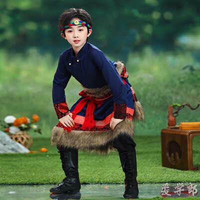 藏袍男套装藏族舞蹈棉麻演出服装