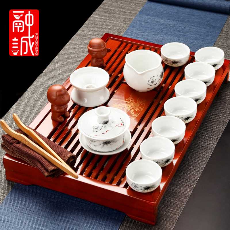 正品融诚茶具整套茶具套装陶瓷功夫茶具带茶盘家用青花茶杯套组中