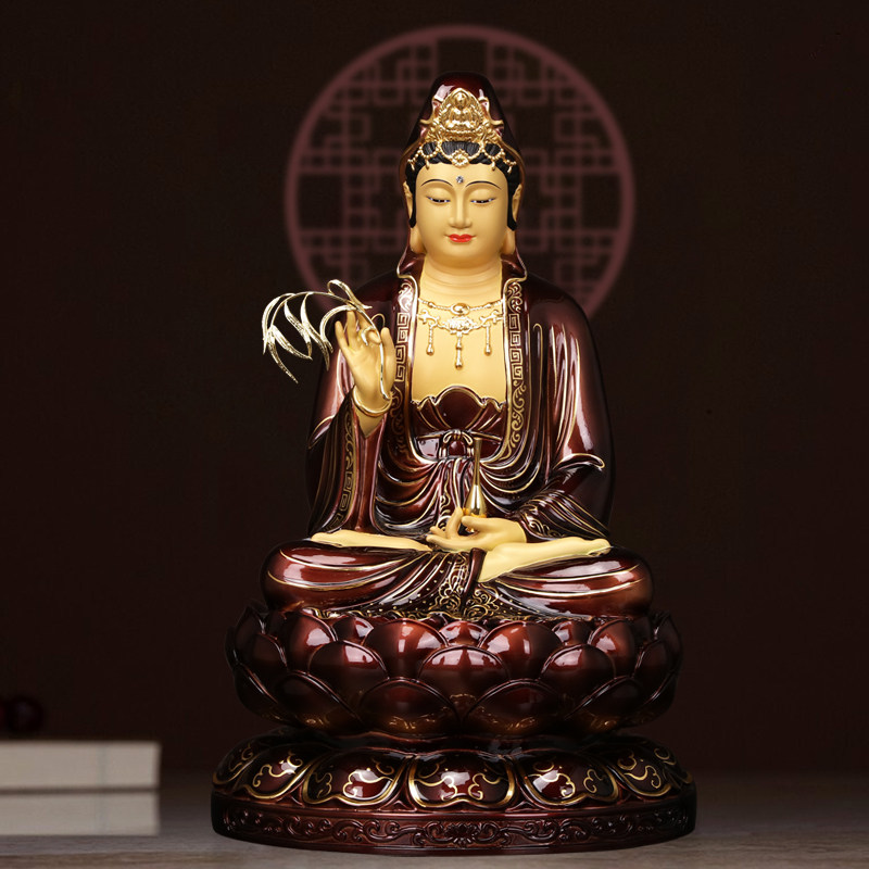 纯铜描金观音菩萨家用坐莲观音佛像南海送子观音娑婆三圣神像摆件