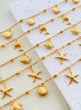 2025新款海洋风情18k电镀不锈钢海豚脚链手链套装仿真贝壳饰品