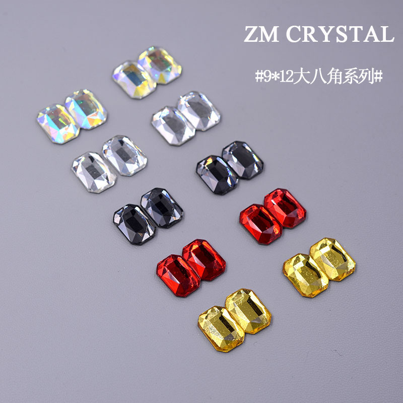 网红新款9*12mm平底大八角方形美甲异形钻美甲饰品金底钻玻璃贴
