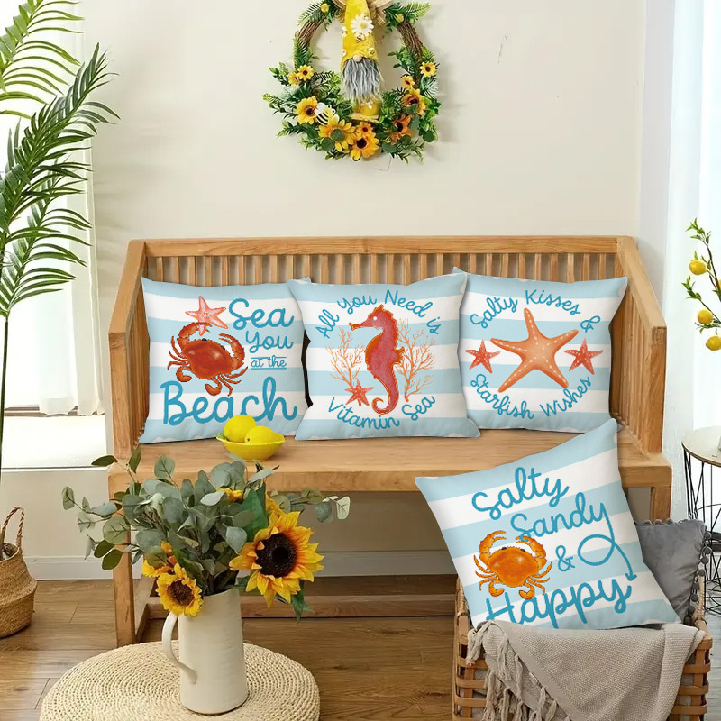 新品海洋生物元素图案绒布靠枕套，跨境居家装饰靠垫尺寸45*45