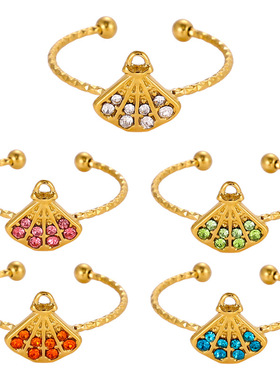 跨境扇形镶彩色锆石开口戒指不锈钢镀18K金不掉色银杏叶钛钢指环