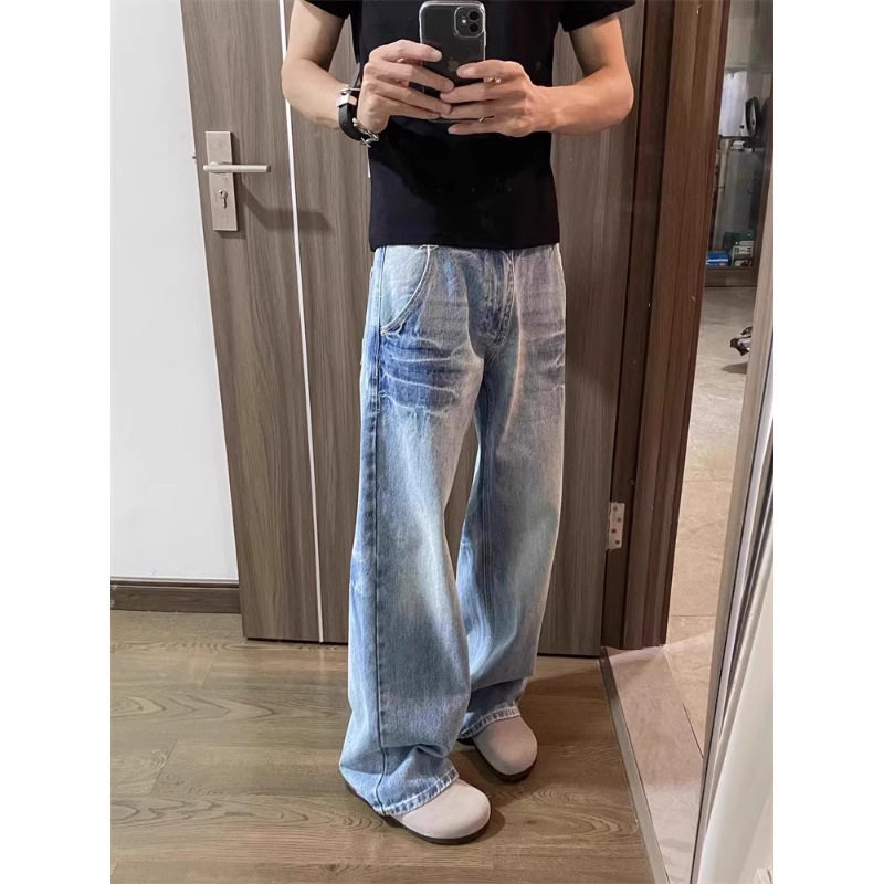 浅色牛仔裤男直筒宽松阔腿美式高街vibe裤子潮牌痞帅百搭休闲长裤