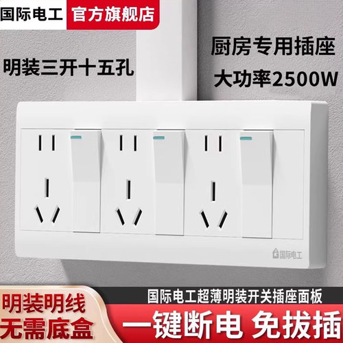 国际电工明装三开十五孔开关插座