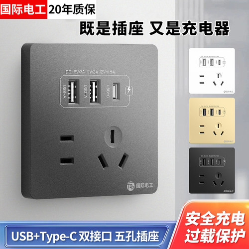 国际电工86型20W快充USB插座开关面板墙壁手机充电Type-c家用五孔 - 封面