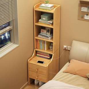 正品 实木床头柜带书架置物架一体简约家用多层储物柜小户型床边收