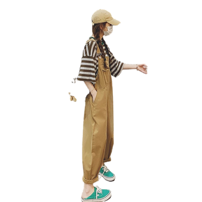 背带裤套装女夏工装条纹T两件套