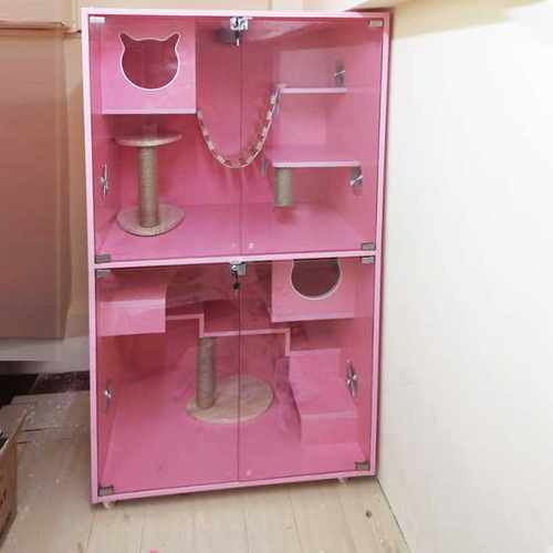 高档粉色实木猫柜别墅豪华带厕所大空间两层三层玻璃门猫柜寄养笼-封面