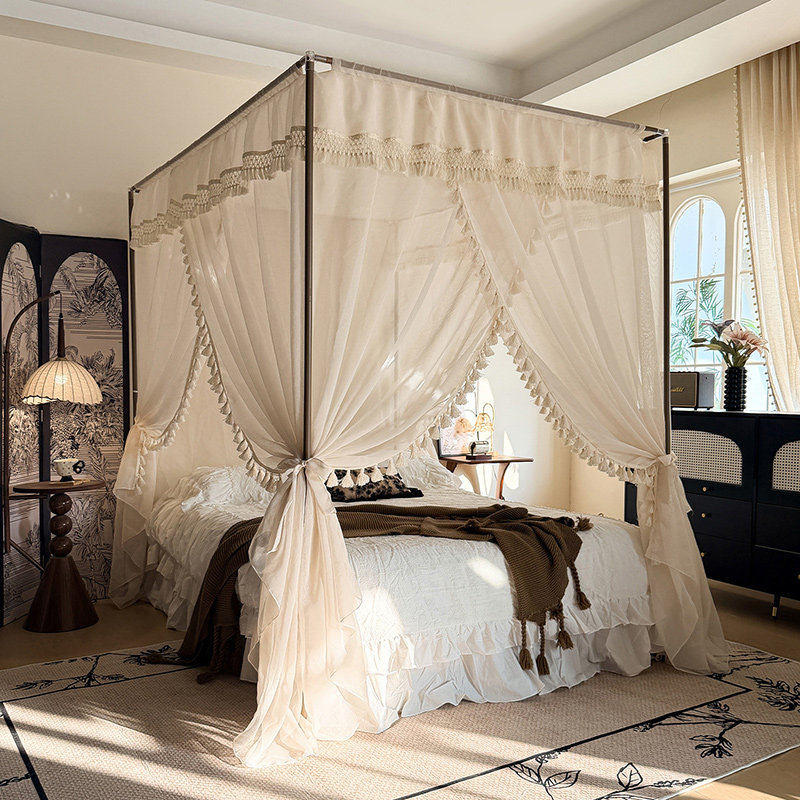 法式宫廷风落地式四柱蚊帐穿杆式1.8m家用防蚊帐纱防尘顶三门开款