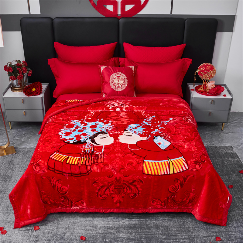 毛毯结婚庆典被子双层加厚春秋冬季双人陪嫁拉舍尔大红色毯子喜字