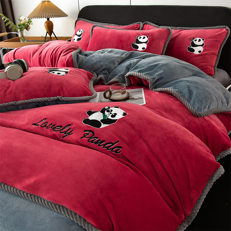 卡通结婚牛奶绒床上用品四件套婚庆婚房红色系珊瑚绒床单被套嫁囍