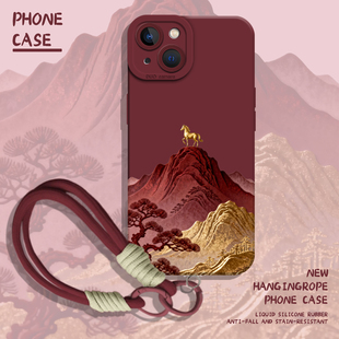 适用苹果17手机壳iphone16promax日照金山15plus马年14pro限定13mini带挂绳12新年11本命年8p红色7男xs女xr/x