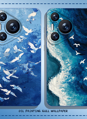 油画白鸥手机壳适用华为pura80新款nova14蓝色mate70pro艺术p60小众50高级感40/30/13/12/11/10/9荣耀400/300