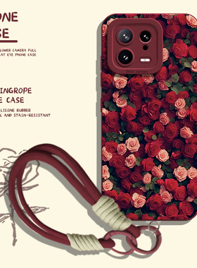 玫瑰花手机壳带挂绳适用小米15红色14ultra/13pro/12/11红米k80k70E/k60至尊版k50k40s/k90/note17女turbo4/3