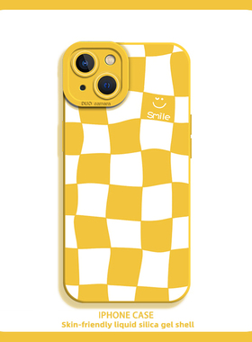 棋盘格手机壳适用苹果15promax新款iPhone14笑脸13mini黄色12pro多巴胺xr简约8plus高级感7p格子xs夏日11清新