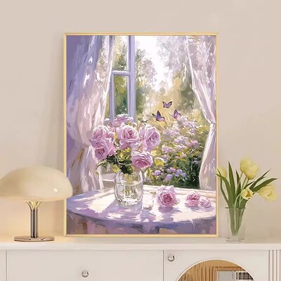成品油画风紫色玫瑰花园装饰画花卉风景唯美高级感卧室客厅摆挂画