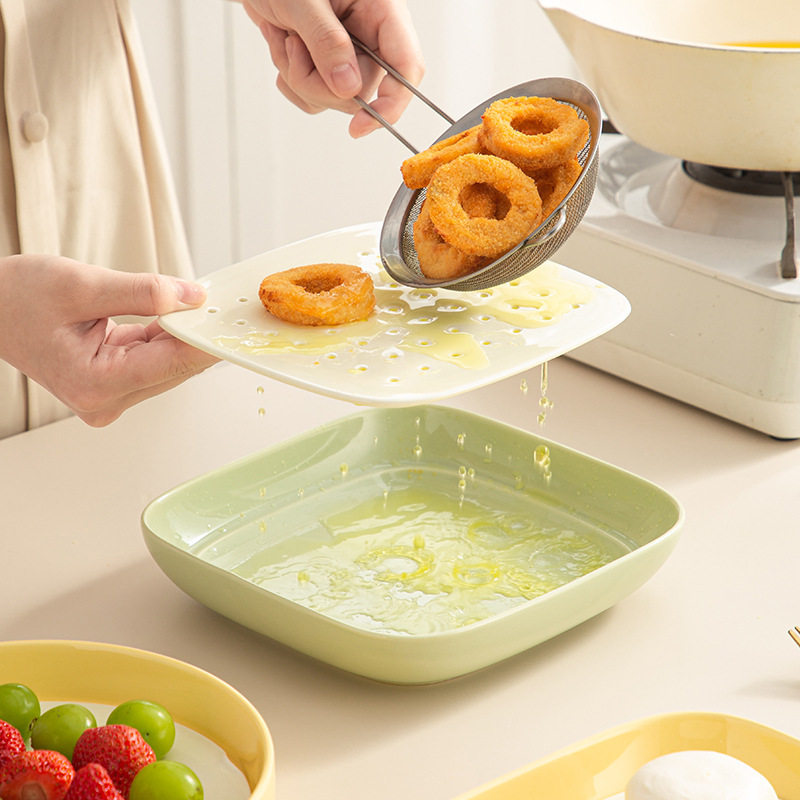 陶瓷沥水盘烤盘圆形蒸盘水果高级感盘子ins饺子沥油架烤箱微波炉