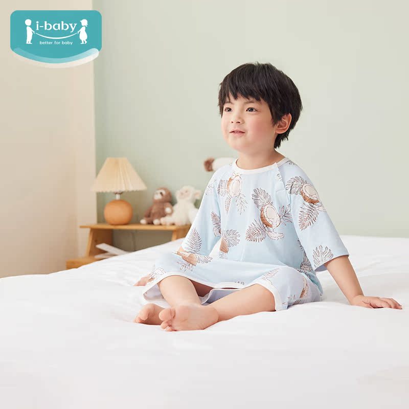 ibaby儿童家居服睡袍男女孩春秋季七分袖连体睡衣宝宝睡裙