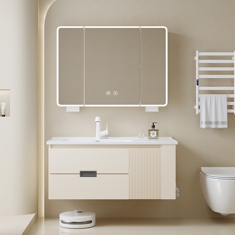 TLSTOK奶油色多层实木马桶侧边柜浴室柜组合卫生间一体陶瓷盆