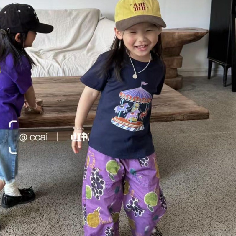韩国童装2025夏季新款藏蓝色游乐马印花短袖女童紫色水果阔腿裤子