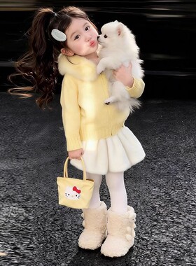 韩版女童2025冬季新款奶黄色毛领连帽拉链毛衣外套女孩毛绒半身裙