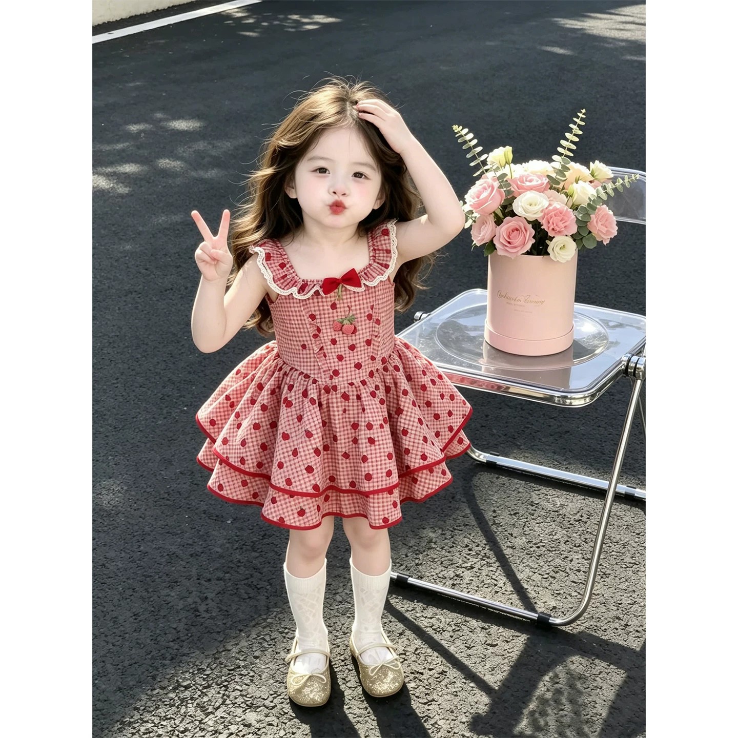 女童夏季甜美红色草莓格子公主裙