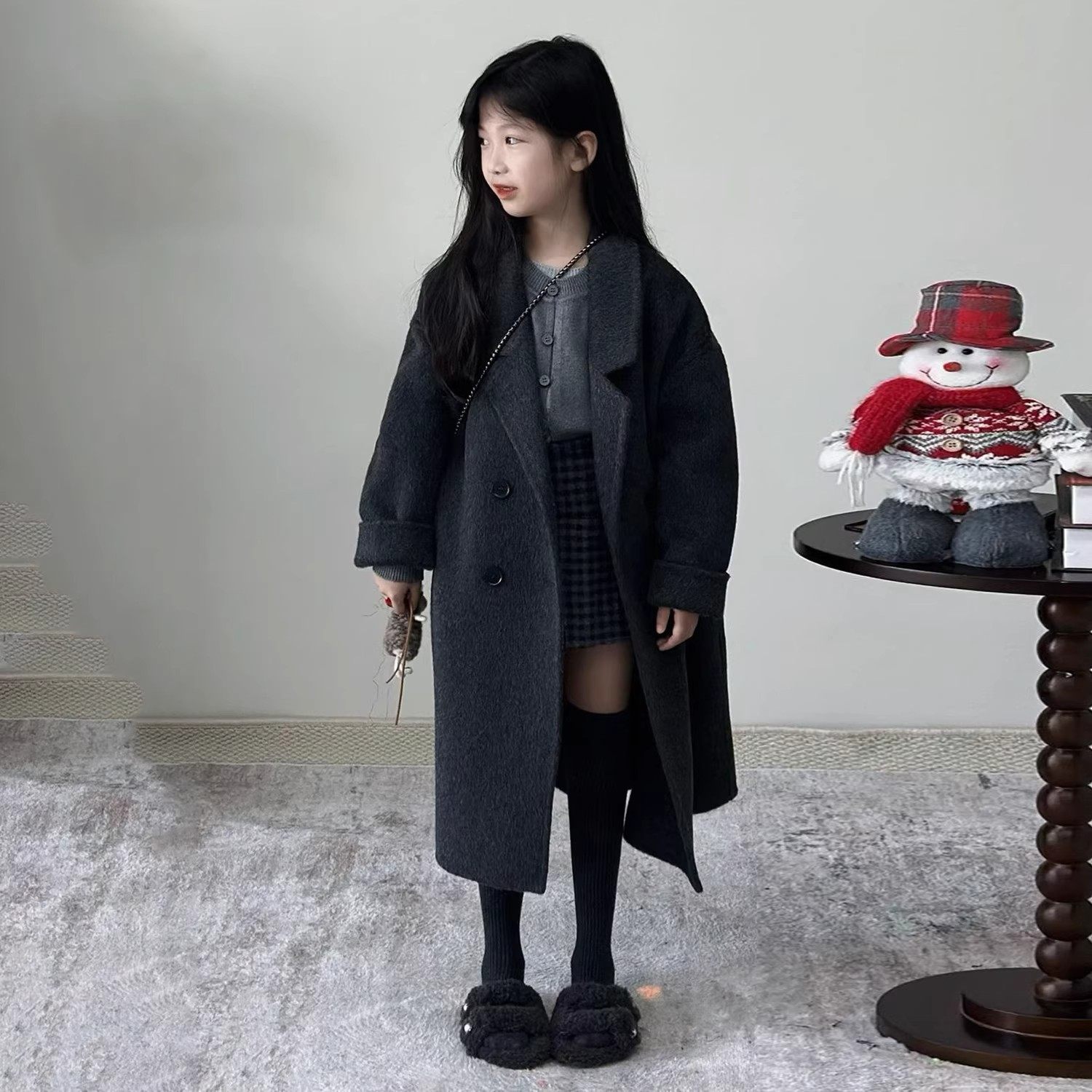 韩版女童2025秋冬新款深灰色气质翻领呢大衣儿童高级感双排扣外套