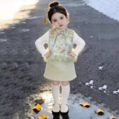 新中式 女童26冬季 新年战袍绿色祥云提花旗袍马甲小女孩毛呢半身裙