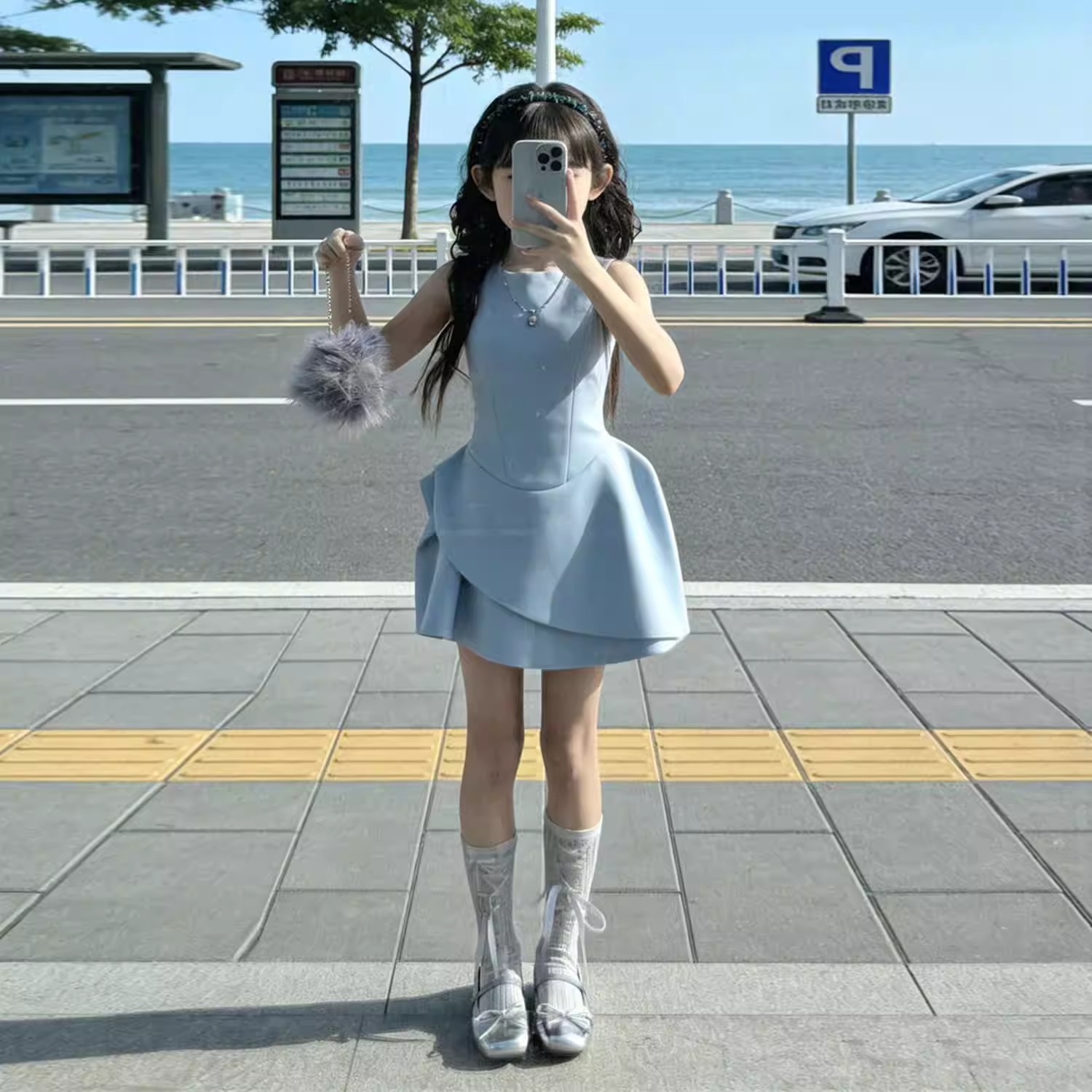 法式女童夏季蓝色不规则花苞短裙