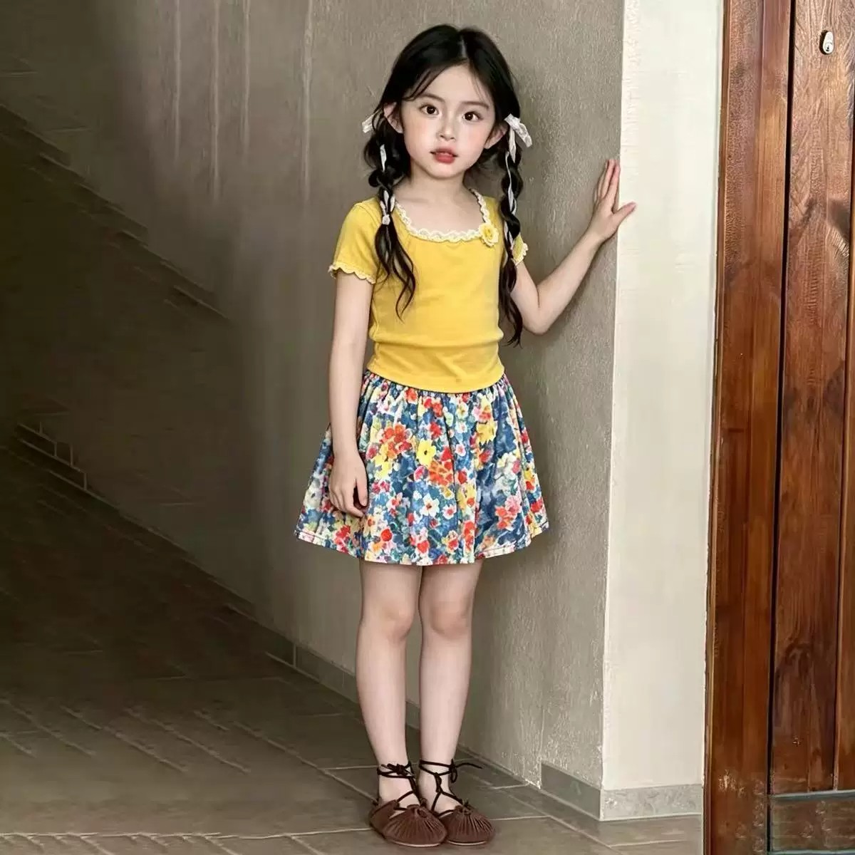 女童夏季甜美黄色蕾丝花边领短袖