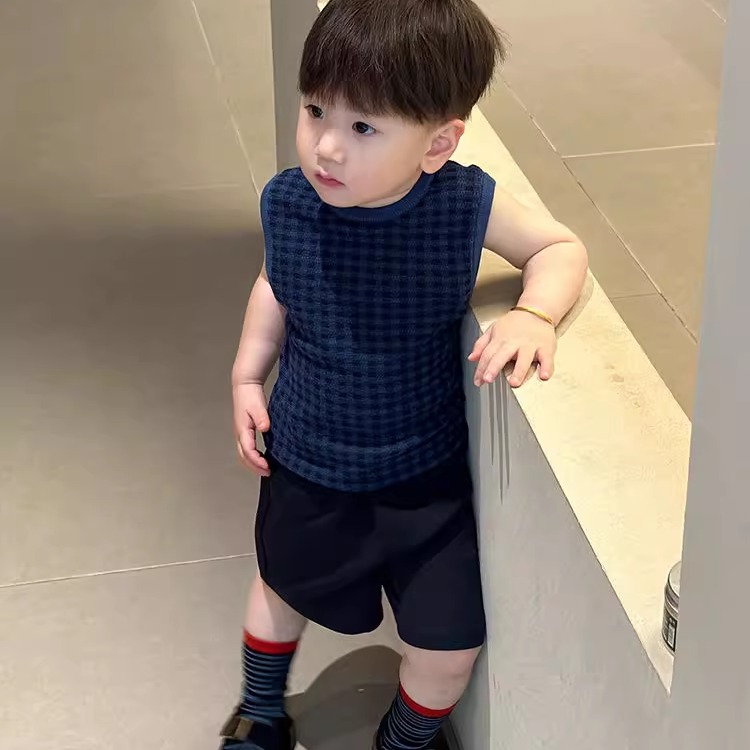 韩版男童2025夏季新款复古蓝色格子针织背心中小童薄款马甲短裤潮