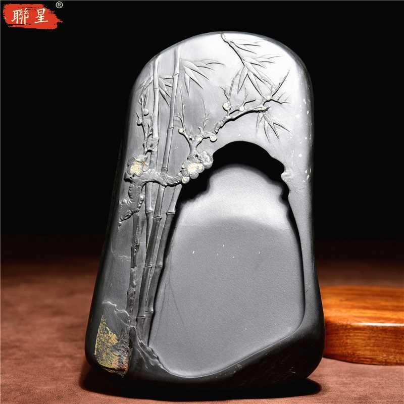 新款中国歙砚老坑砚台 精品歙砚老坑金皮 四大名坑原石手工山水