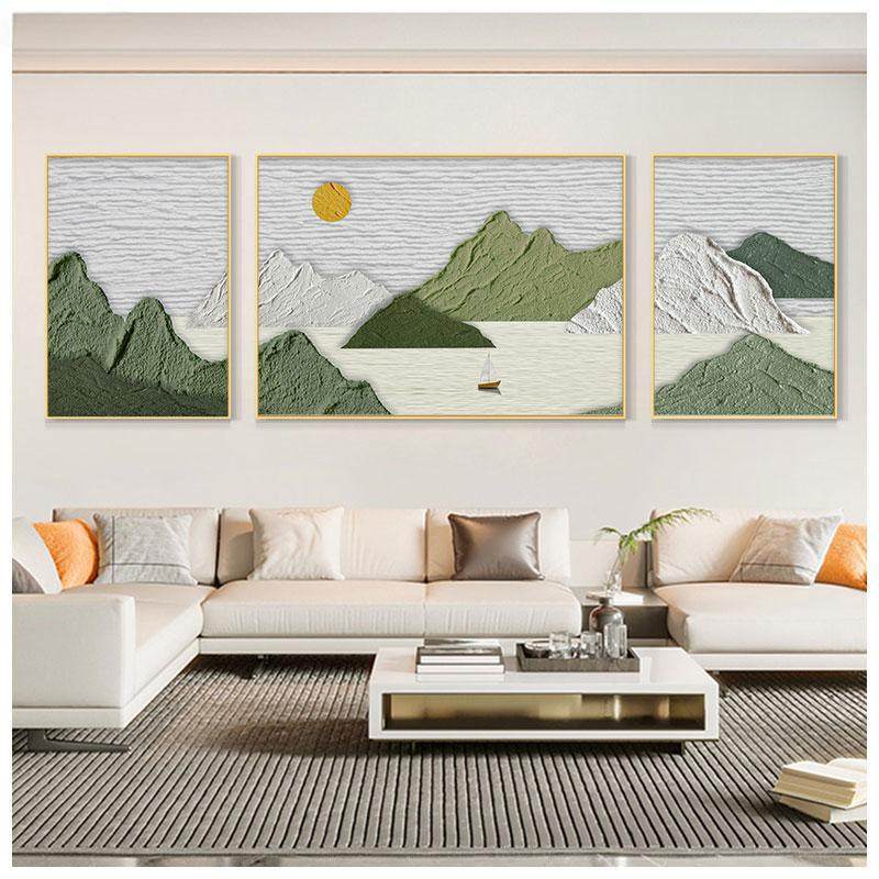 中式现代轻奢客厅装饰画山水三联画沙发背景墙挂画高级感大气壁画